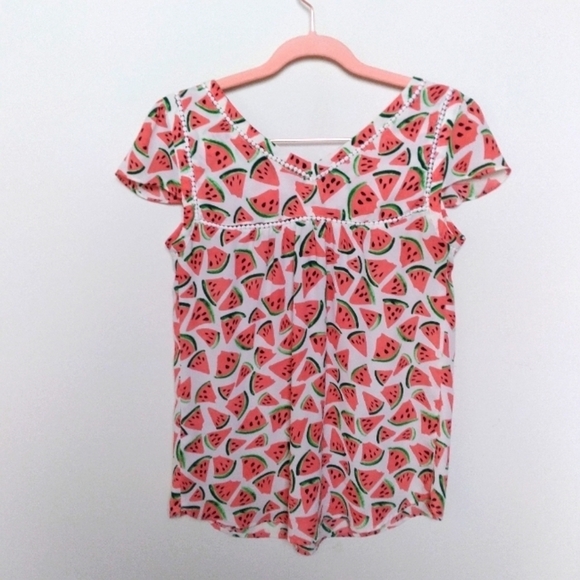 Anthropologie Maeve Picnic Days Watermelon Print Cap Sleeve Blouse Size 0 - Picture 3 of 9